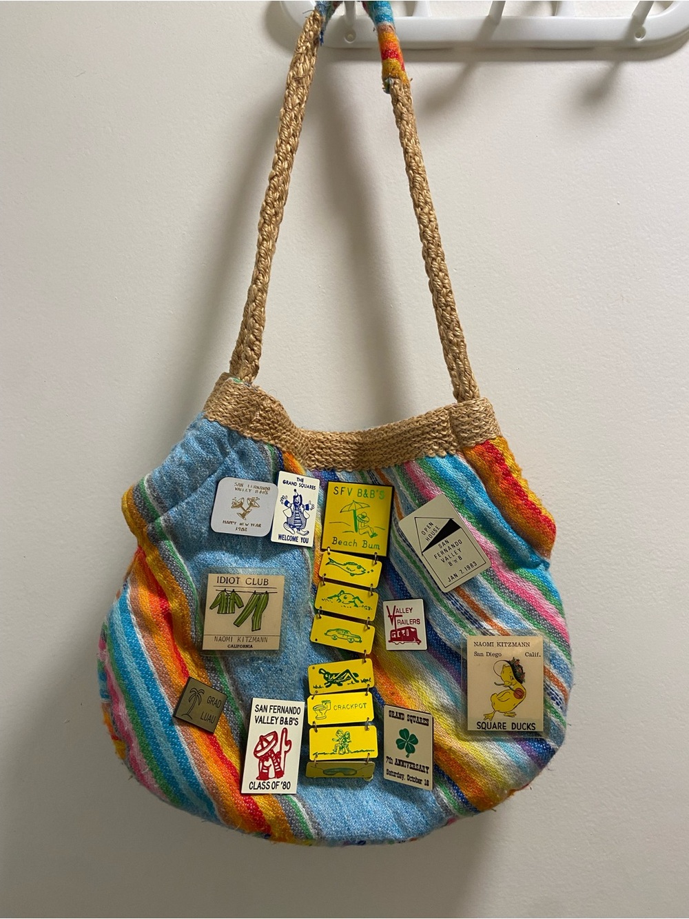 Handwoven Multicolor Stripe Beach Tote Bag with Patch Accents